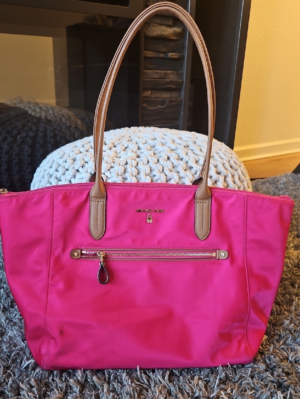 Michael Kors Hot Pink Nylon Tote with Tan Leather Handles